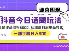 抖音今日话题玩法，1条作品涨粉5000，私域高利润单品转化 一部手机日入50