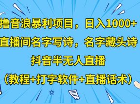 撸音浪暴利日入1000+，名字写诗，名字藏头诗，抖音半无人直播（教程+软件+话术）