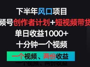 下半年风口项目，视频号创作者计划+视频带货，单日收益1000+，一个视频两份收益