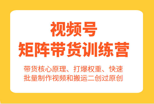 视频号矩阵带货训练营，带货核心原理、打爆权重、快速批量制作视频和搬运二创过原创 